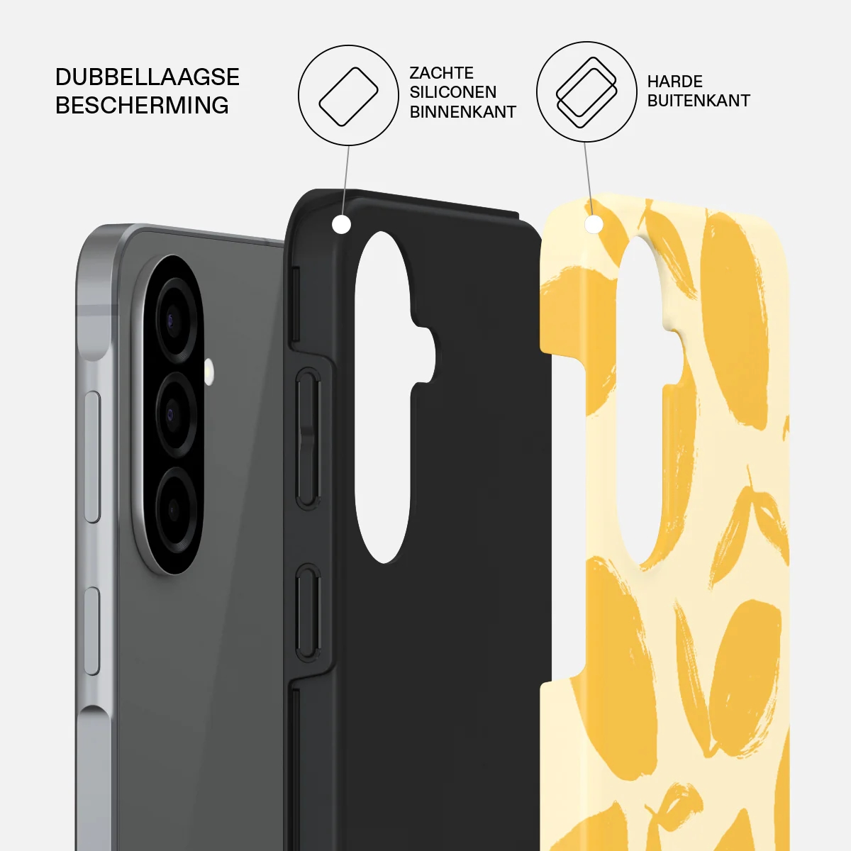 Un smartphone à côté d'une coque jaune à motif citron.