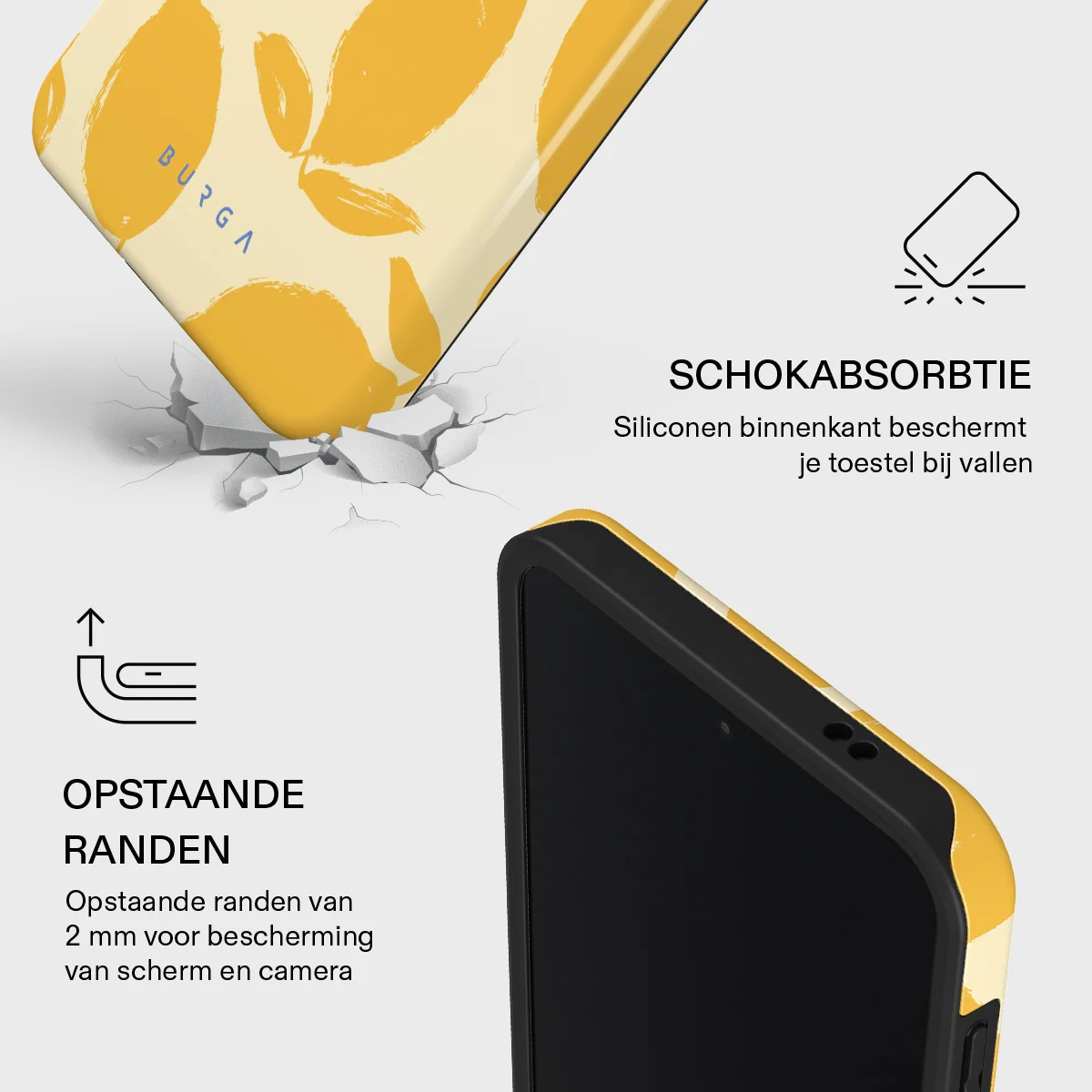 Coque de téléphone jaune à motif citron, antichoc et bords surélevés.