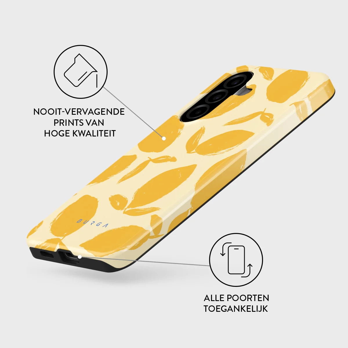 Une coque de téléphone jaune avec des motifs de feuilles jaunes et du texte.