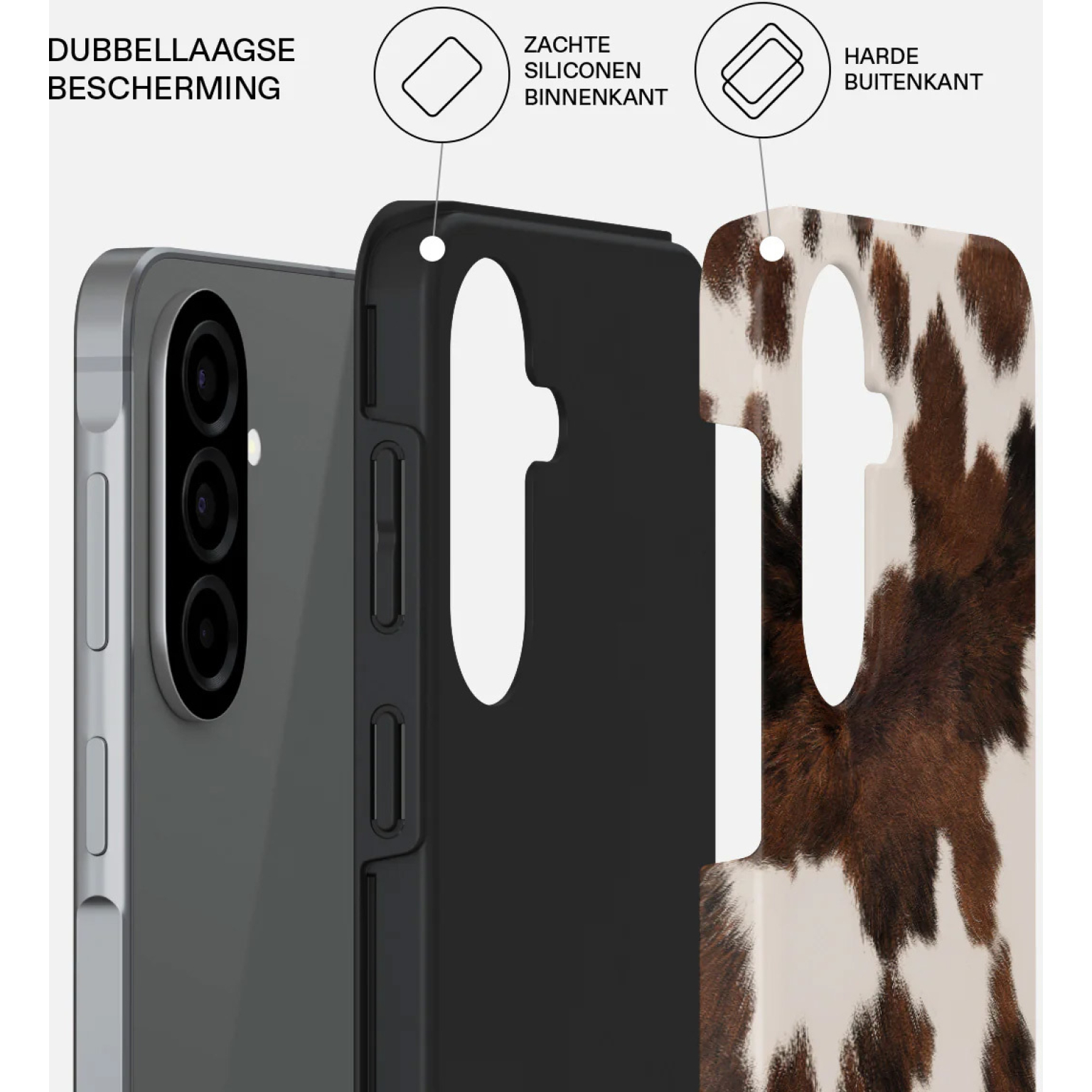 Une coque de téléphone à imprimé vache montrant une double couche.