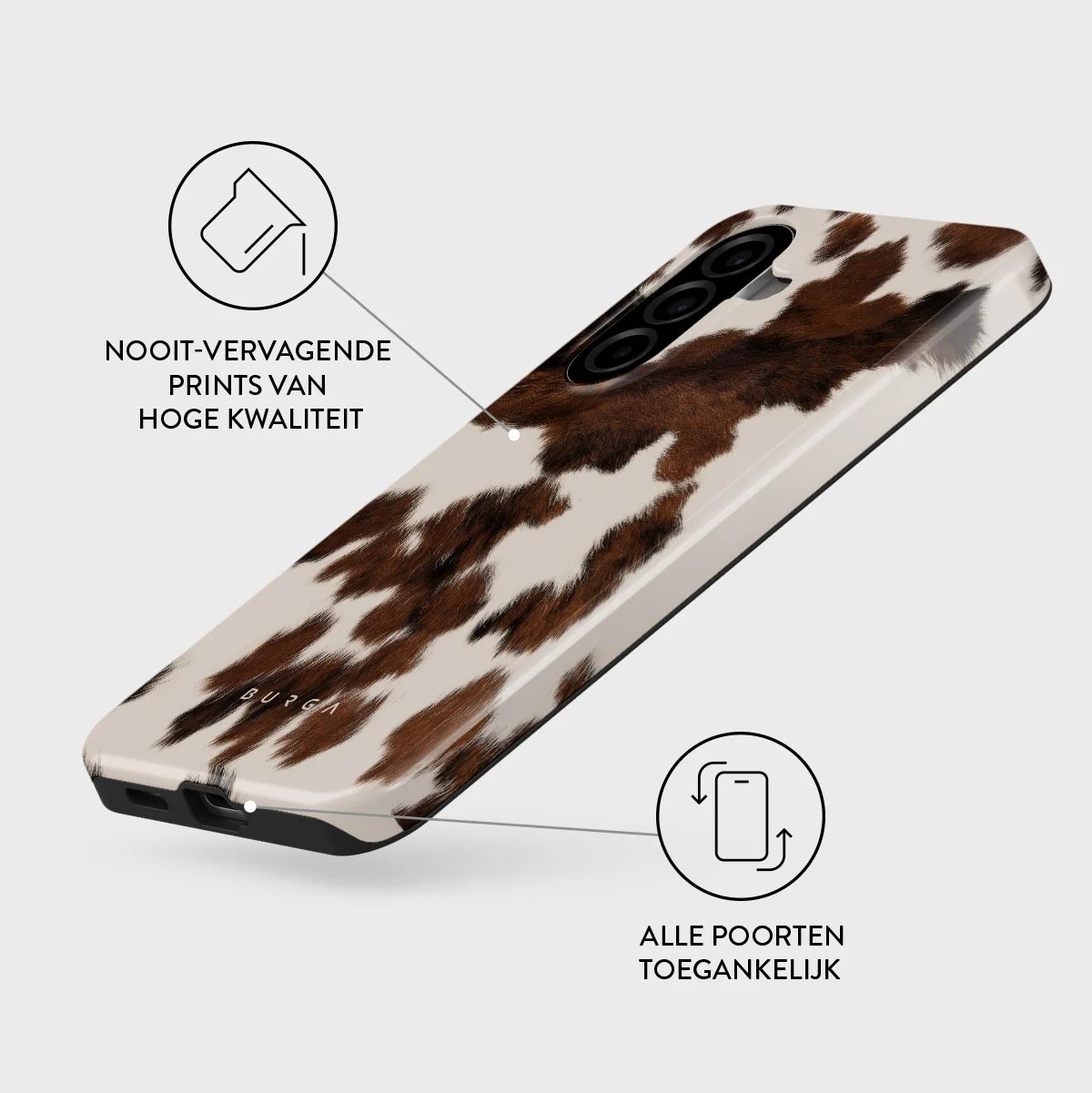 Coque de téléphone avec imprimé vache et texte sur la qualité et l'accessibilité.