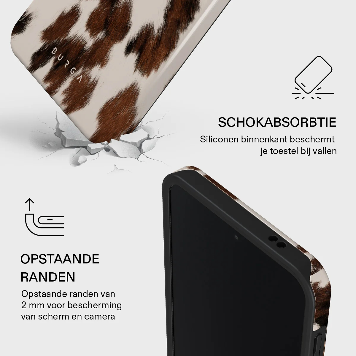 Coque de téléphone motif vache, absorbe les chocs, bords surélevés.