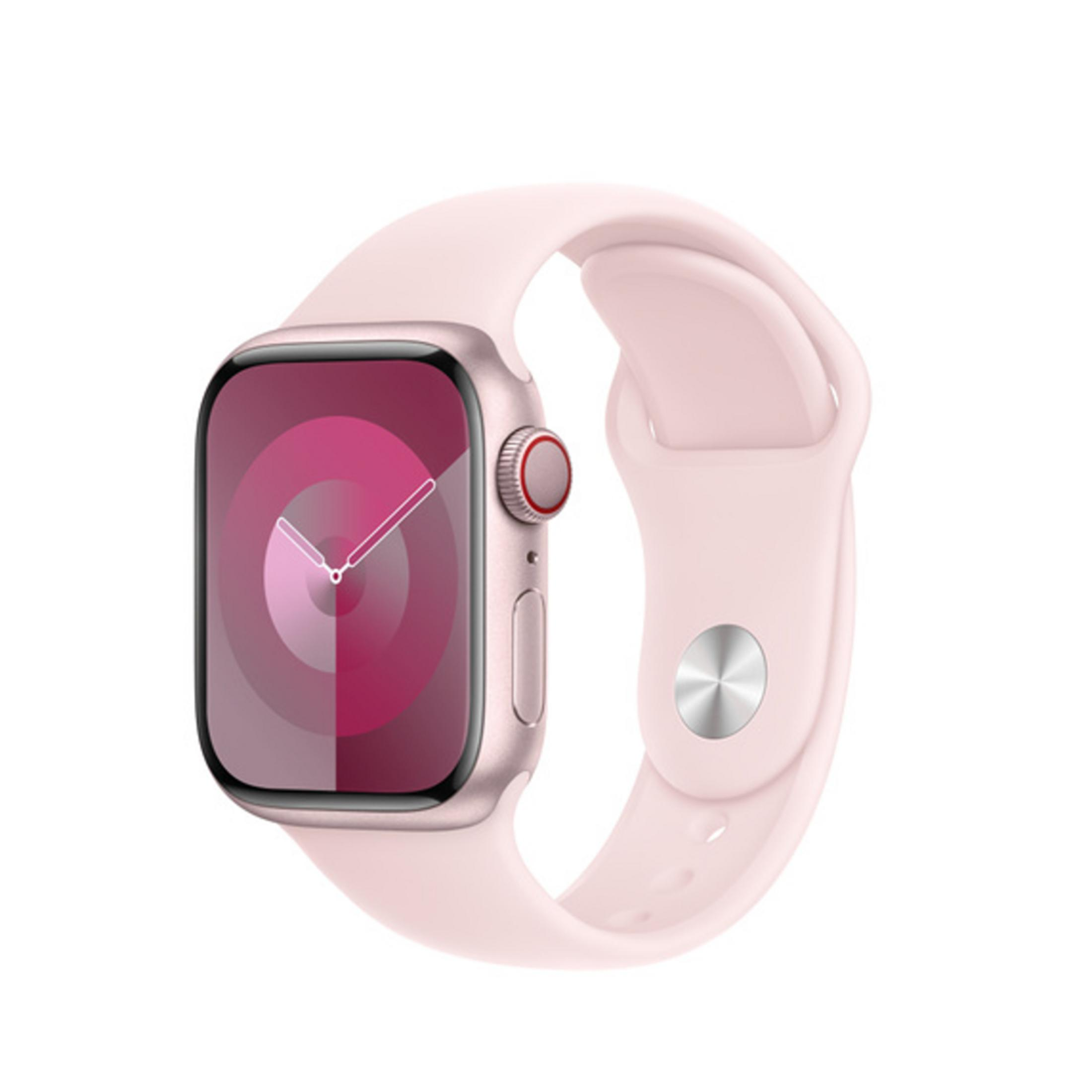 Eine rosafarbene Smartwatch mit einem rosafarbenen Zifferblatt und einem hellrosa Armband.