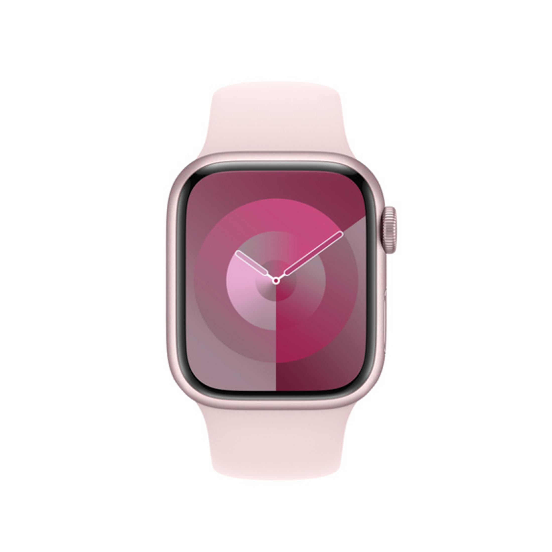 Eine rosafarbene Smartwatch mit einem stilisierten Zifferblatt in Rottönen.