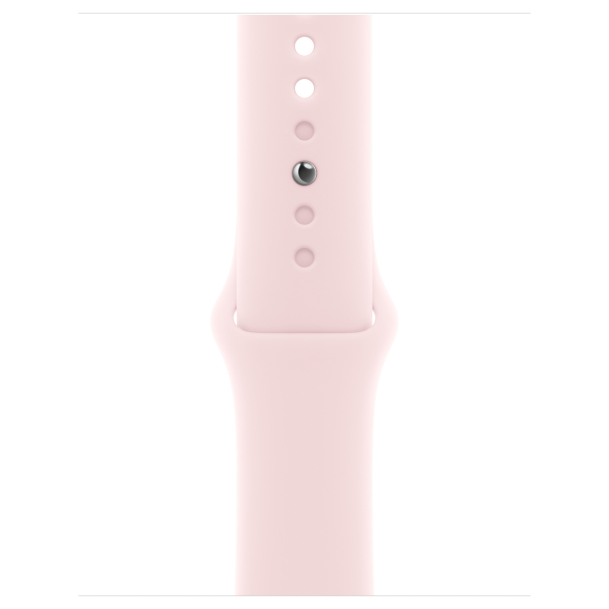 Ein hellrosa Uhrenarmband mit Löchern und einem silbernen Stift.
