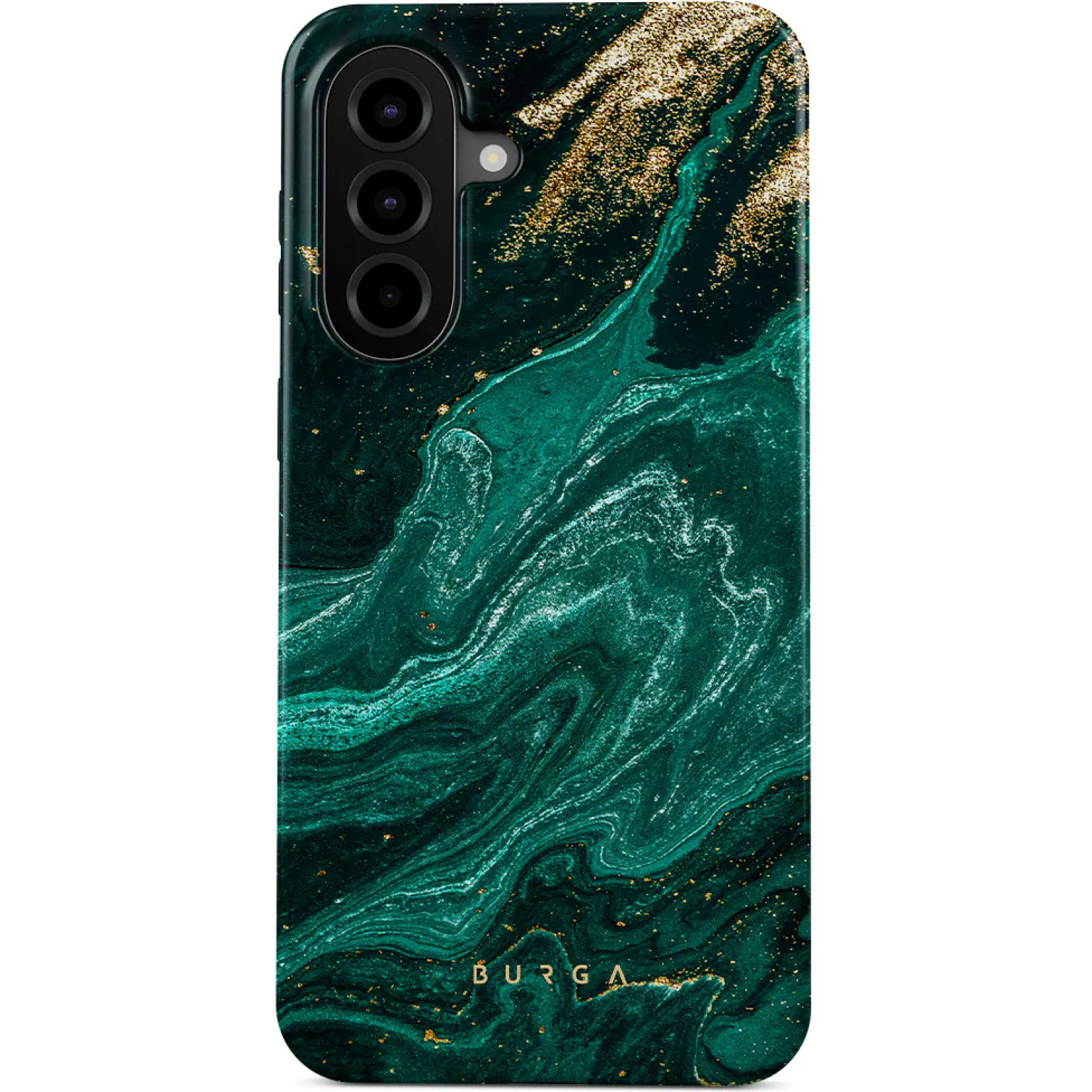 Coque de téléphone vert foncé à motif marbre et accents dorés.
