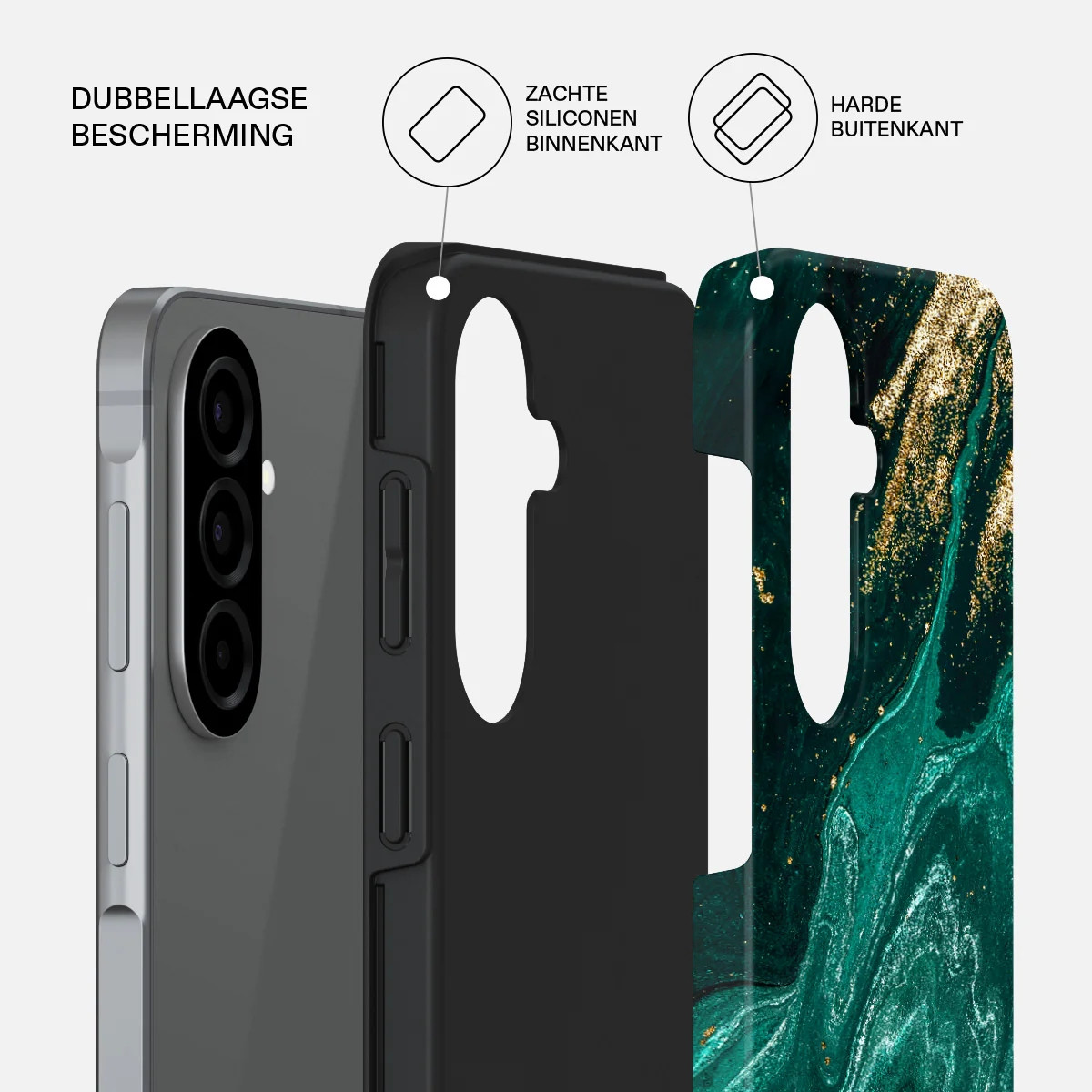 Un smartphone avec une coque de protection double couche, silicone souple à l'intérieur, plastique dur à l'extérieur.