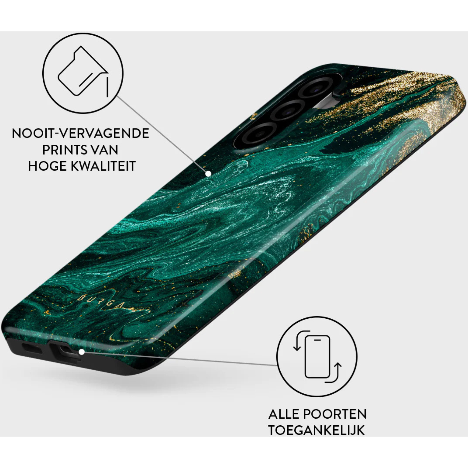 Coque de téléphone verte à motif marbre doré et paillettes.