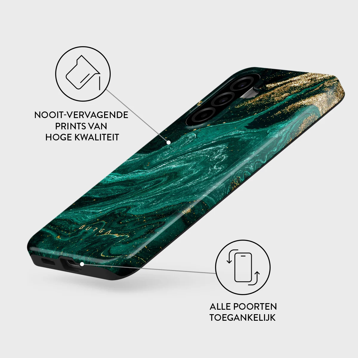 Une coque de téléphone vert marbre avec des accents dorés.