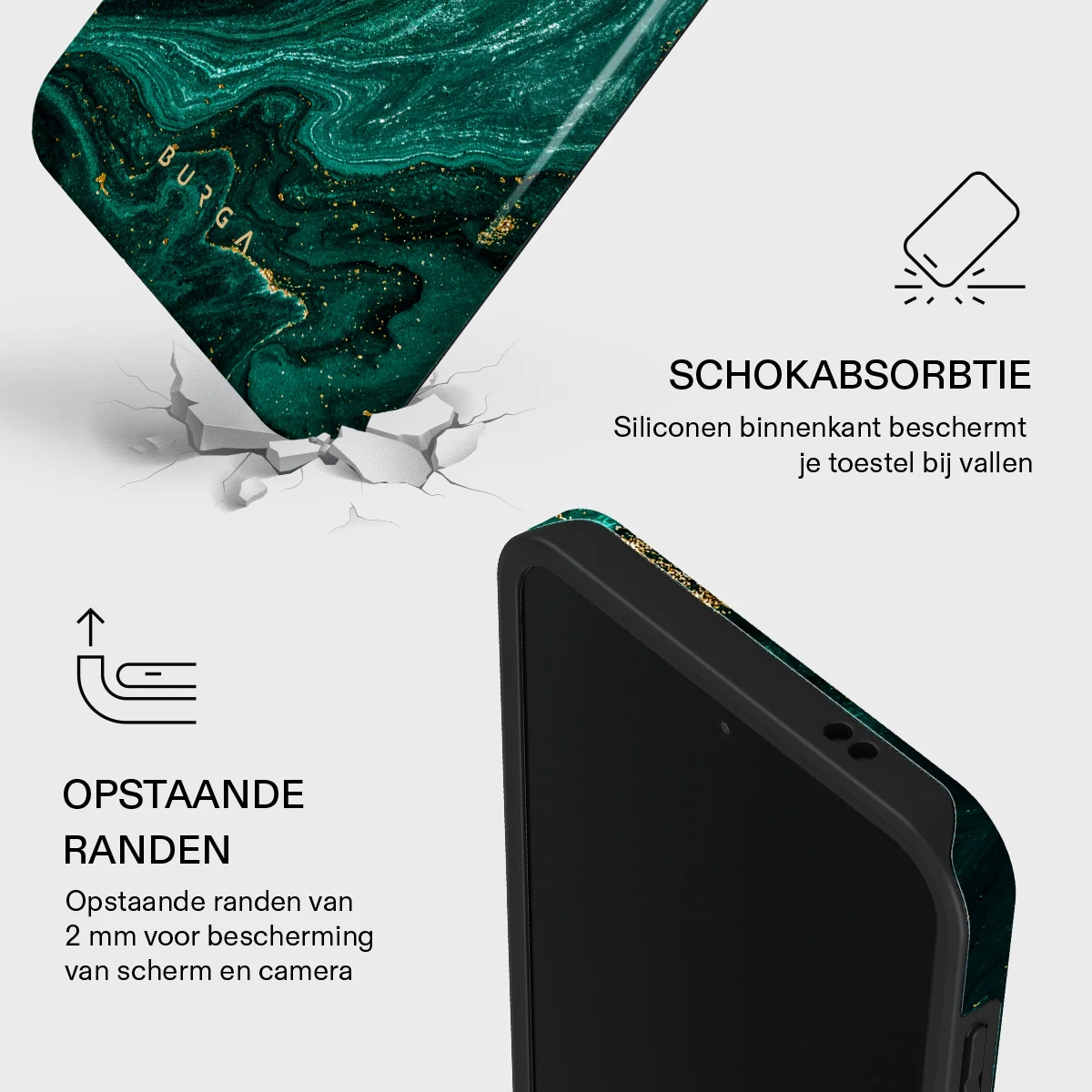 Coque de téléphone marbre vert tombant, avec absorption des chocs et bords surélevés.