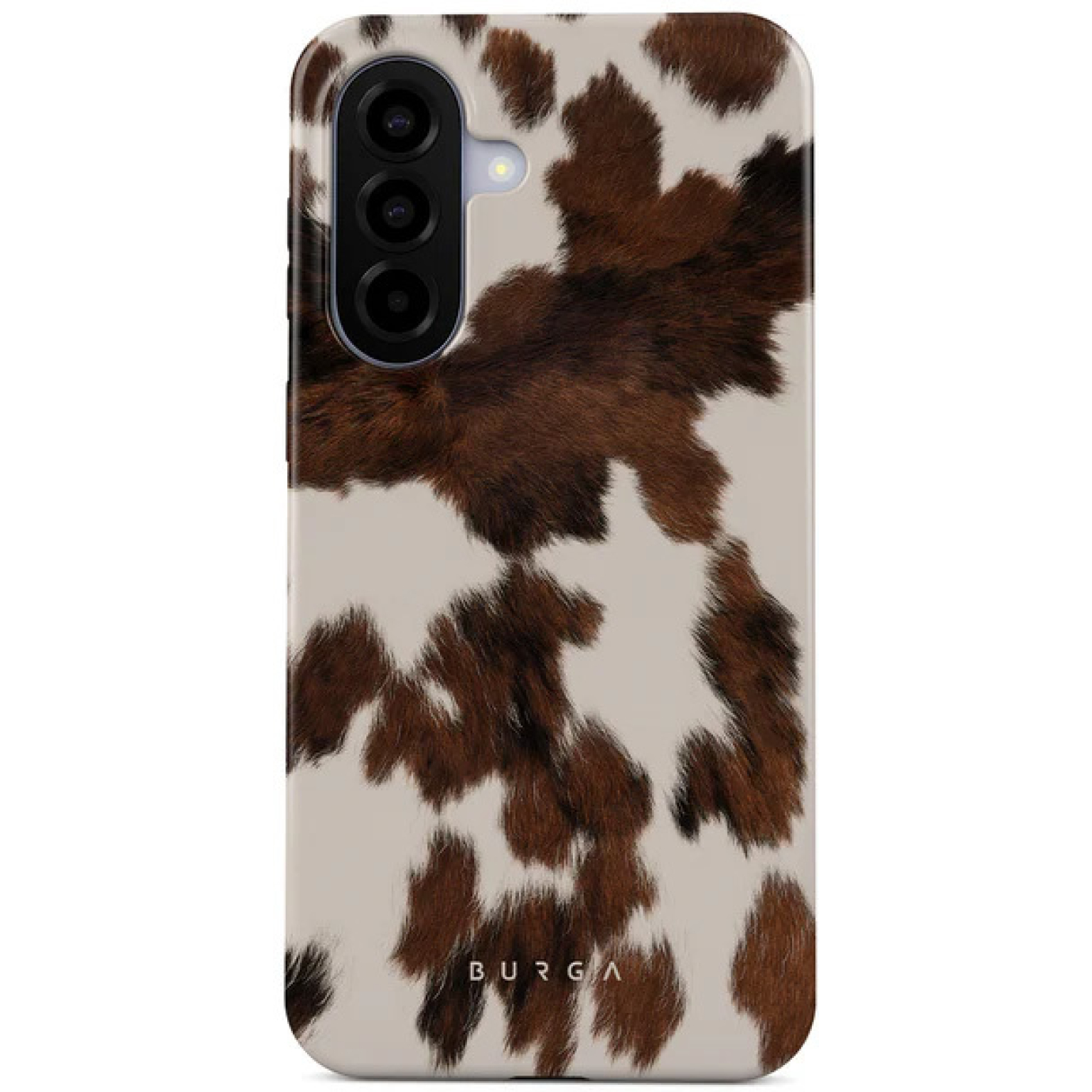 Une coque de téléphone avec un imprimé peau de vache marron et blanc, à trois objectifs.
