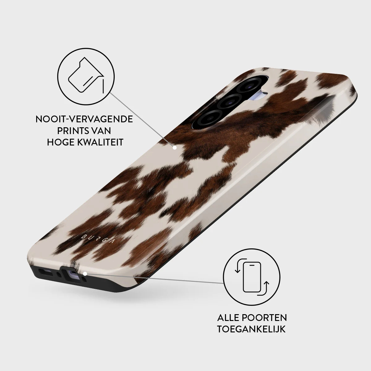 Un téléphone avec un design imprimé vache, montrant la caméra et le port de charge.