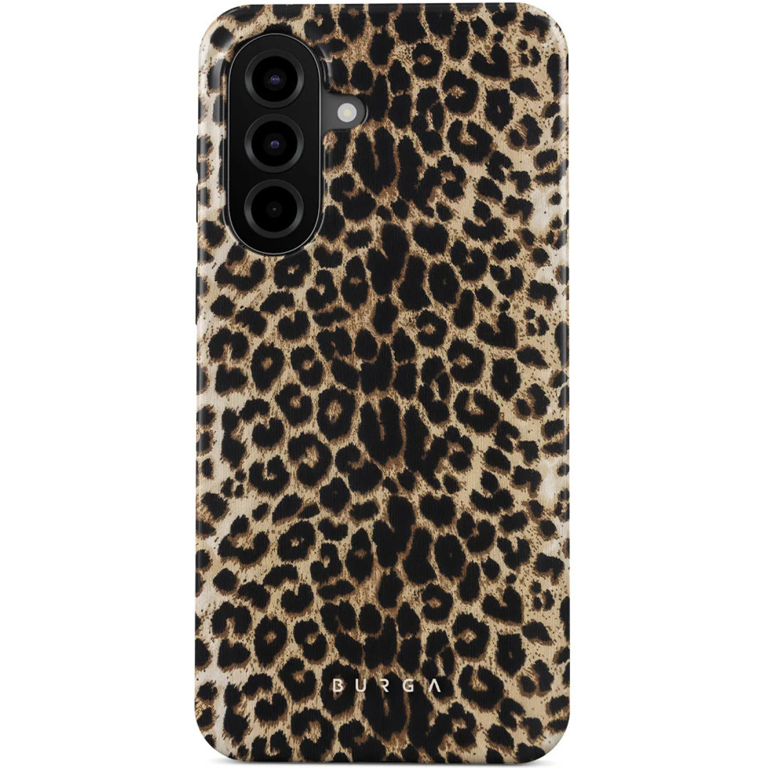Un téléphone avec une coque imprimé léopard et triple appareil photo arrière.