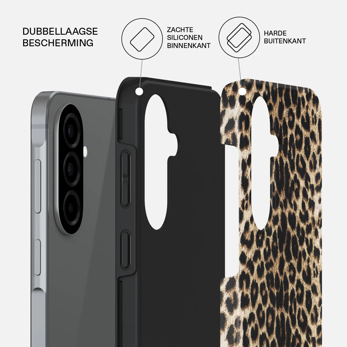 Une coque de téléphone léopard est montrée, avec plusieurs couches de protection.