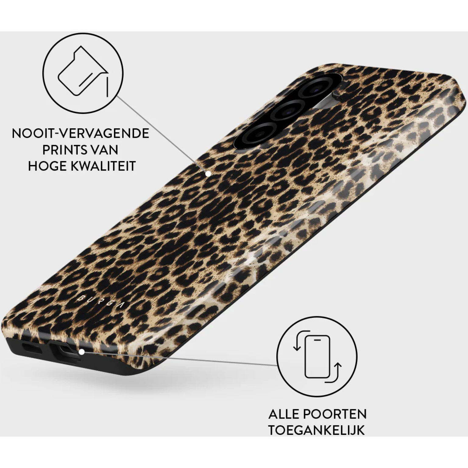 Coque de téléphone léopard avec découpe caméra et texte.
