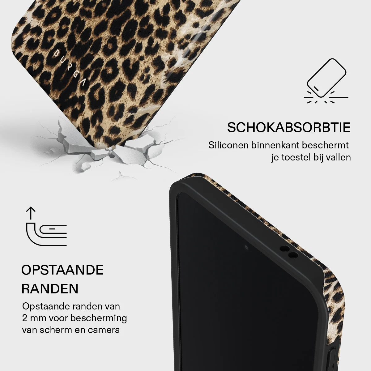 Coque de téléphone imprimé léopard avec absorption des chocs et bords surélevés.