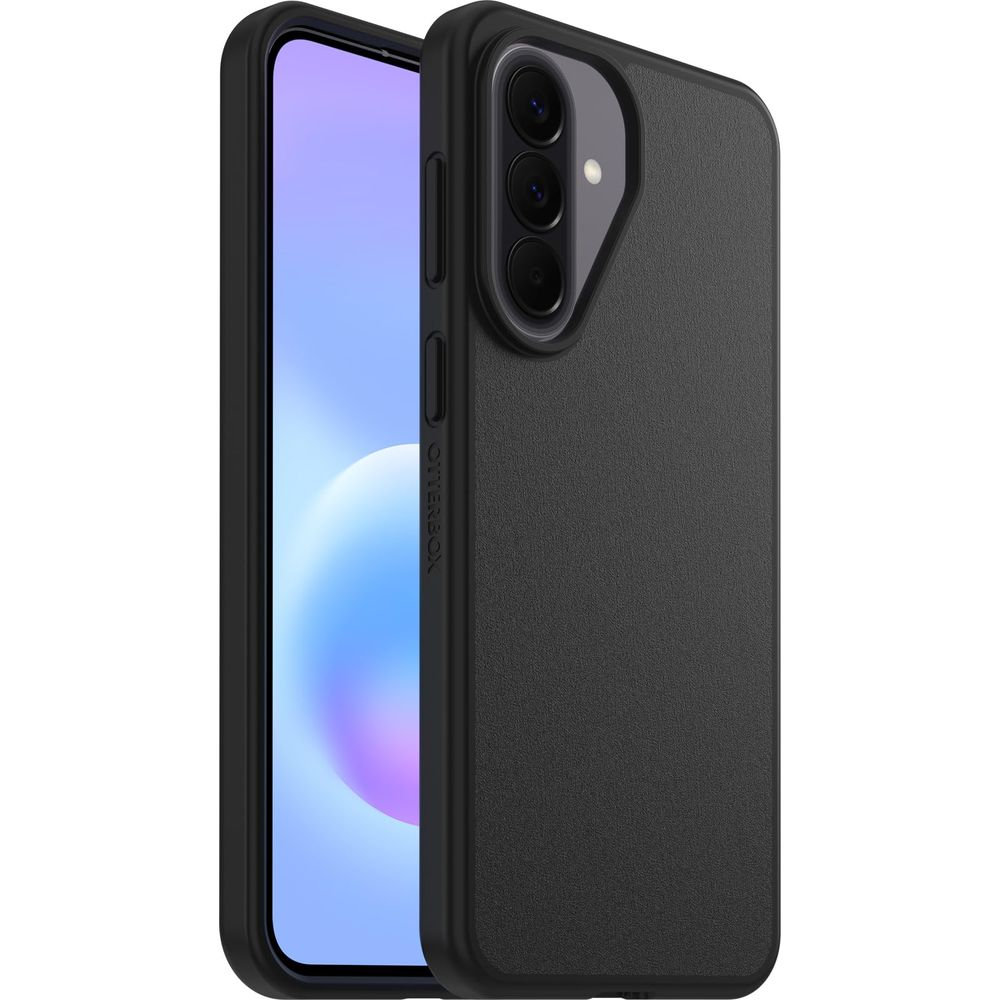 Schwarzes Handy mit Otterbox Hülle und drei Kameralinsen auf der Rückseite.