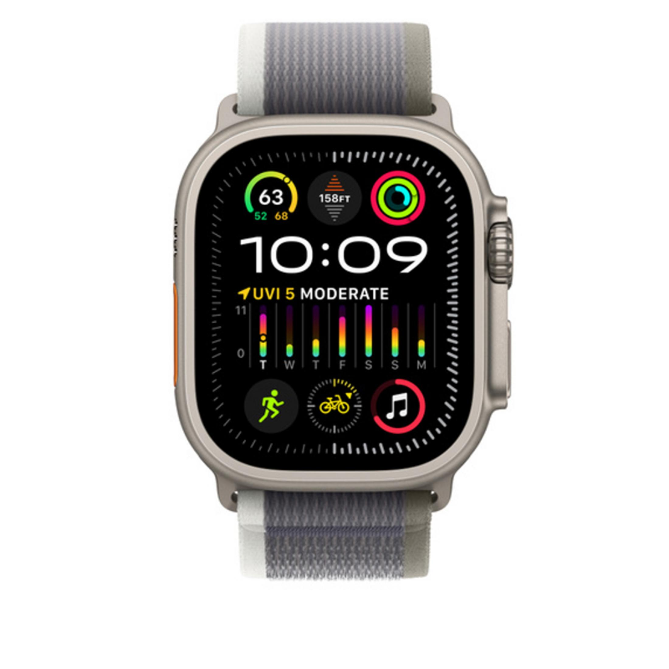 Gray smartwatch with a colorful watch face showing time, UV index, and activity.