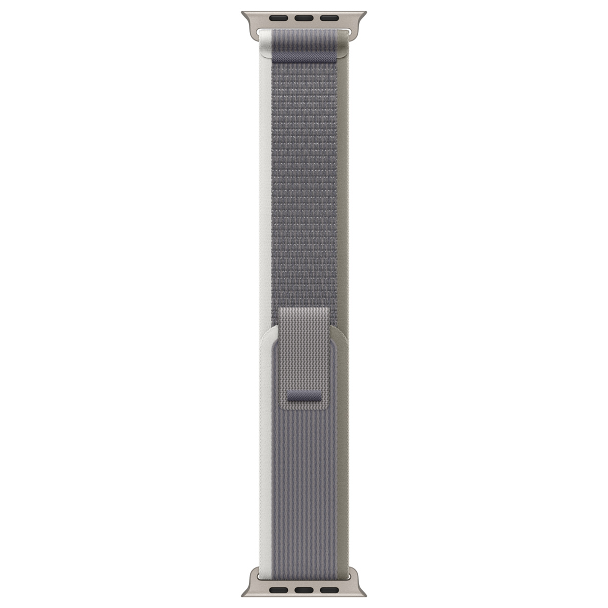 Gray fabric watch band with silver connectors for a smartwatch.