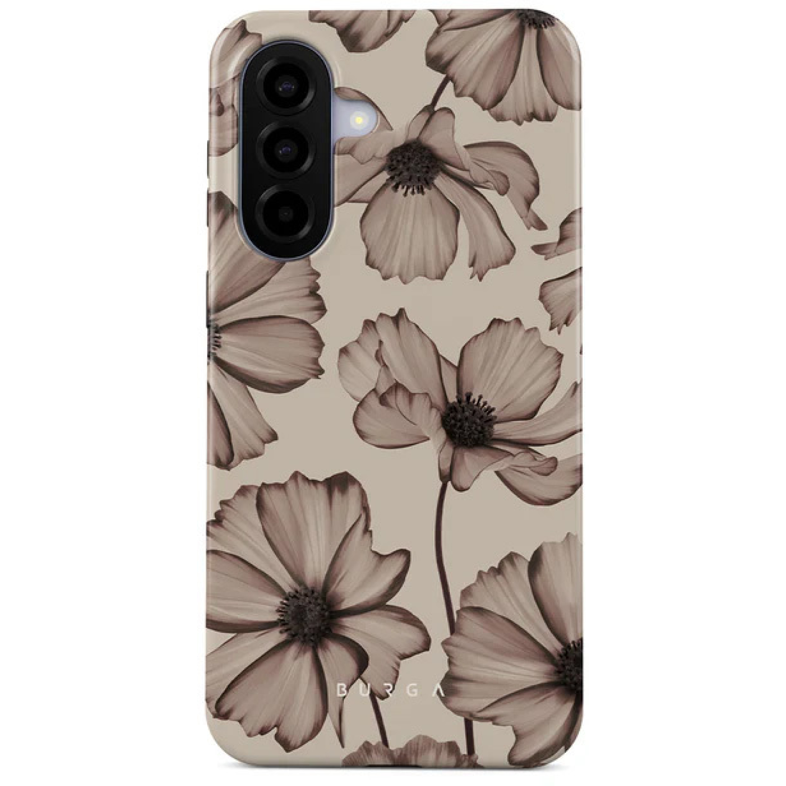 Une coque de téléphone avec un motif floral sépia et un module triple caméra.