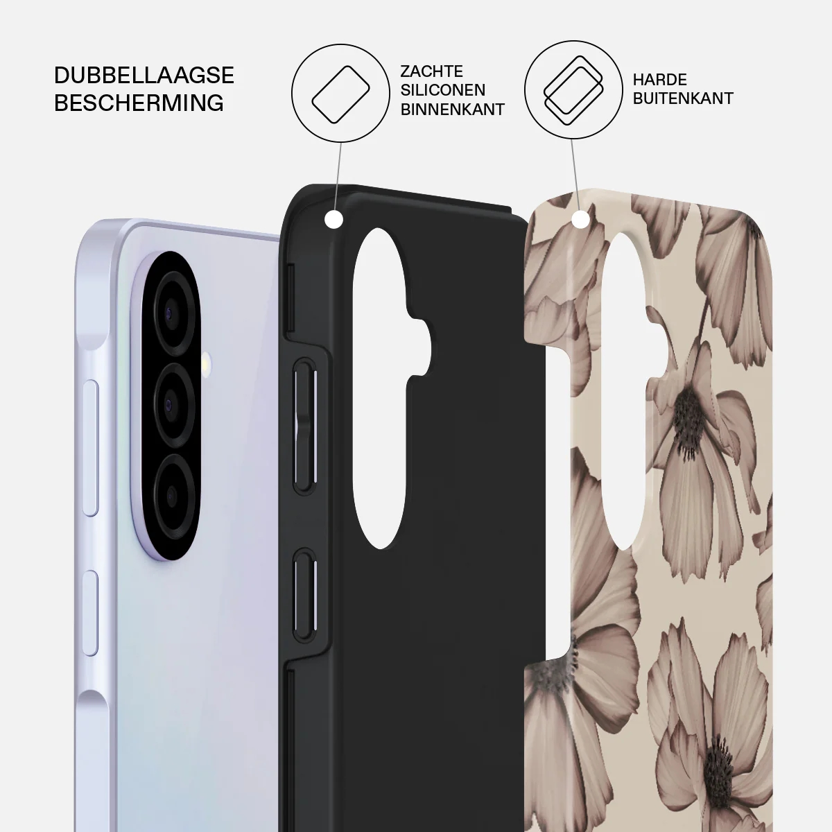 Un smartphone avec une coque protectrice montrant sa conception à double couche : silicone souple à l'intérieur, dur à l'extérieur.