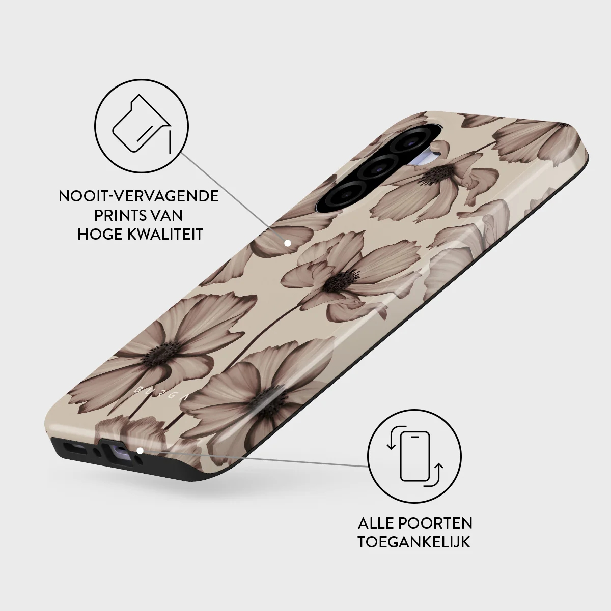 Une coque de téléphone à motif floral dans des tons marron et beige. Montre l'arrière d'un smartphone.