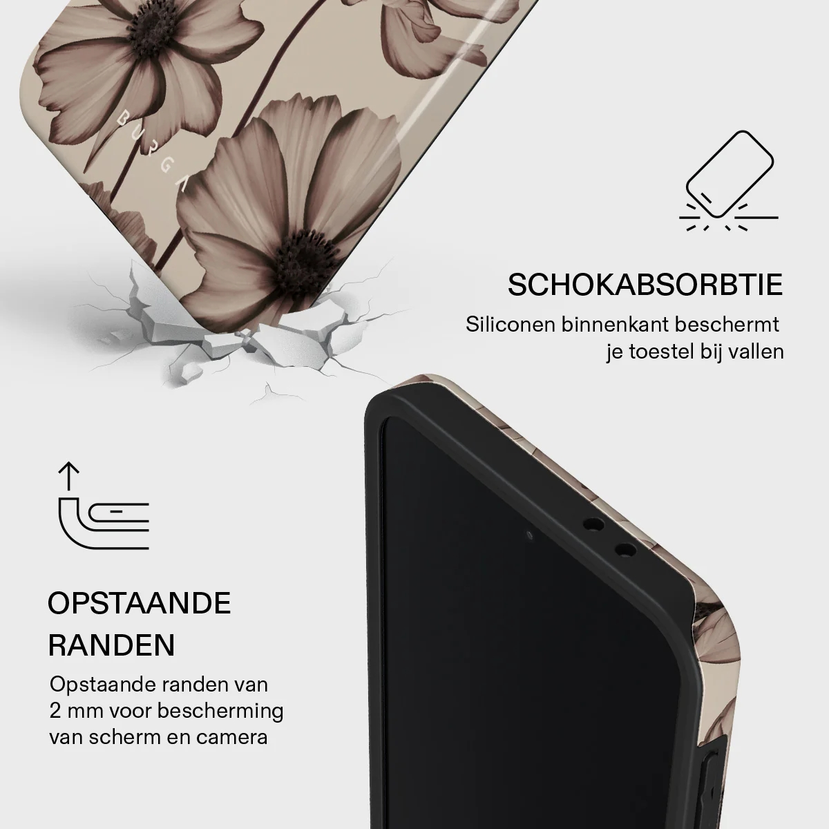 Coque de téléphone à motif floral, antichoc et bords surélevés pour appareil photo/écran.