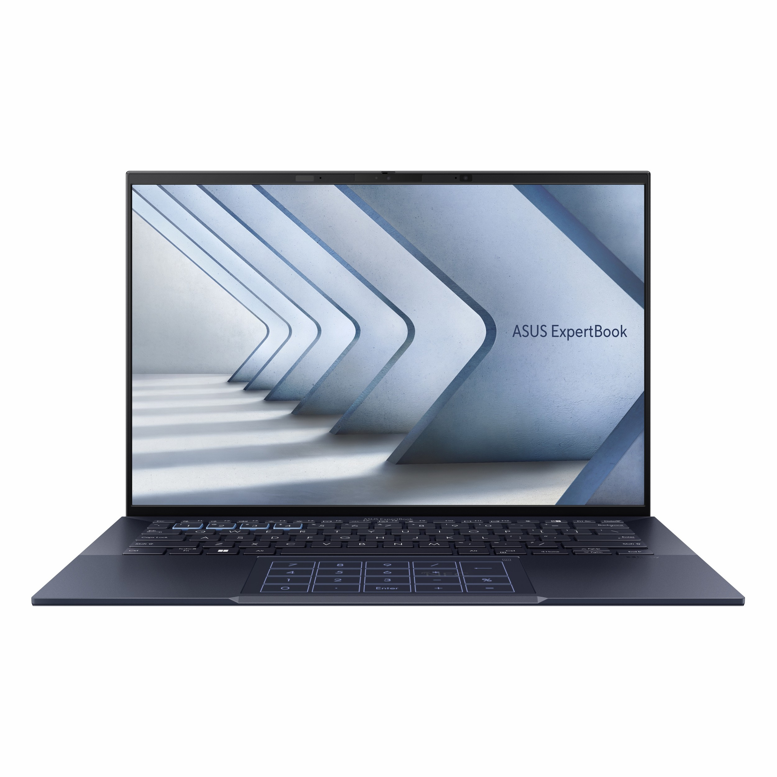 Arkadan aydınlatmalı klavyeli açık, lacivert ASUS ExpertBook dizüstü bilgisayar.