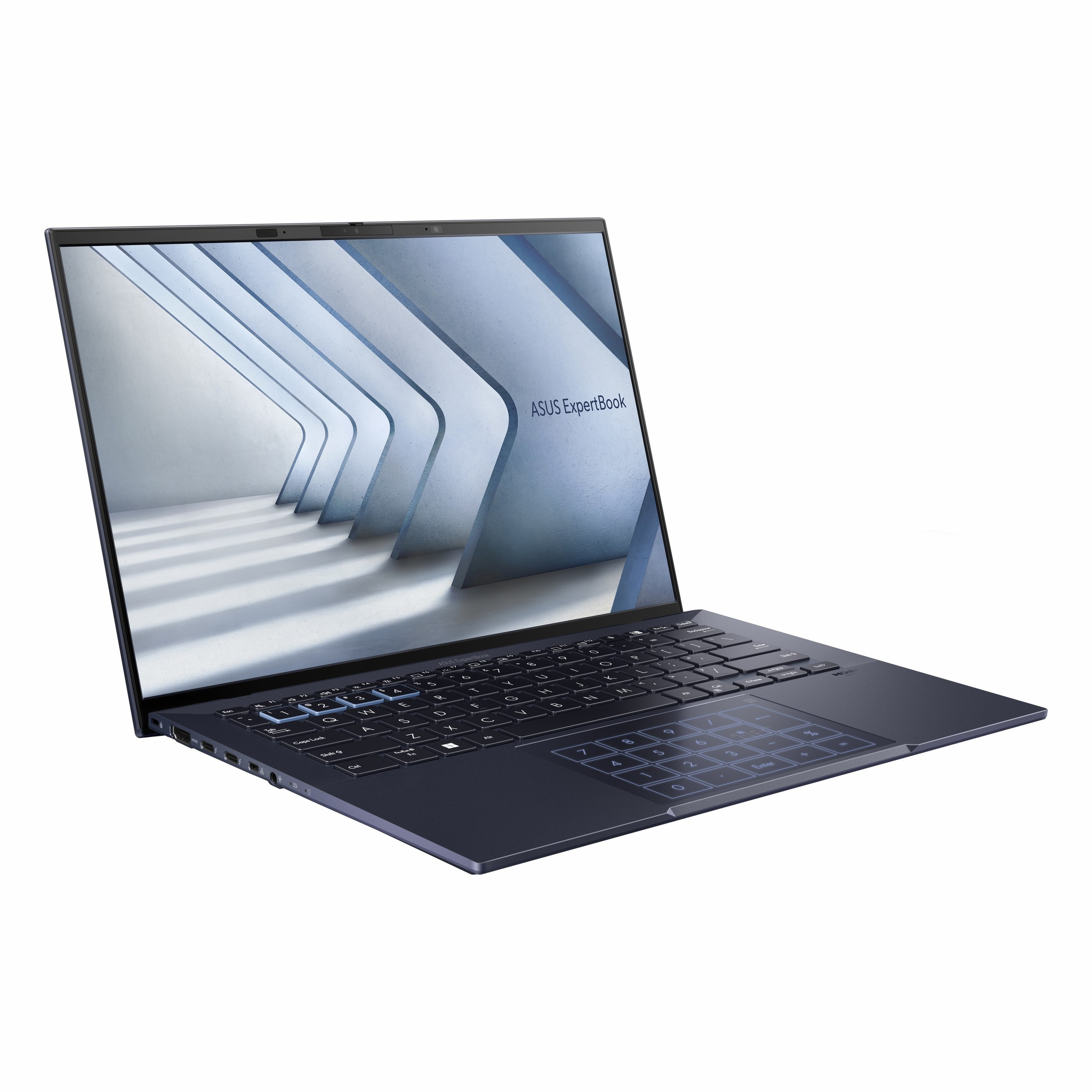 Arkadan aydınlatmalı klavyeli ve sayısal tuş takımına sahip koyu renk ASUS ExpertBook dizüstü bilgisayar.