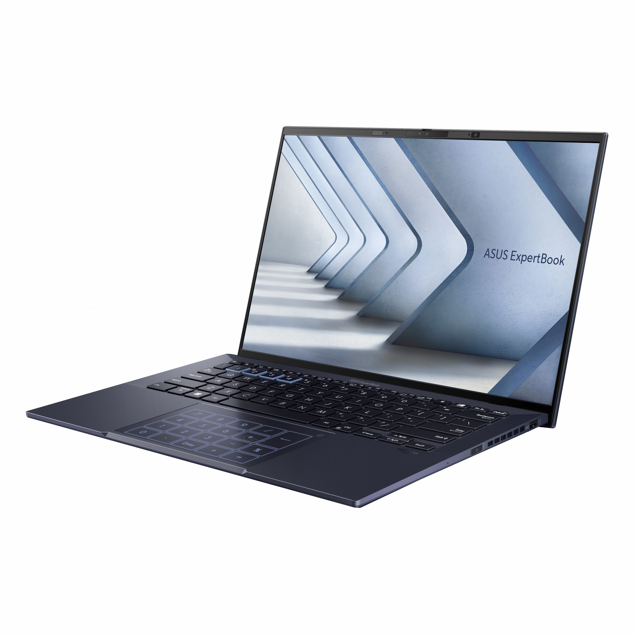 Koyu mavi ASUS ExpertBook dizüstü bilgisayar, aydınlatmalı klavye ve sayısal tuş takımı.