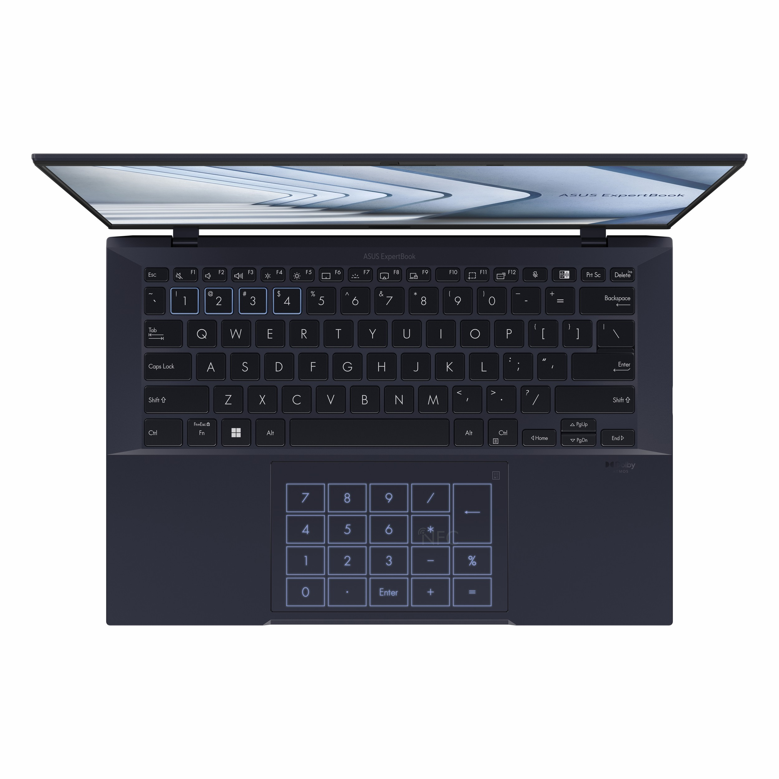Koyu mavi bir ASUS ExpertBook dizüstü bilgisayar açık, klavye ve sayısal tuş takımını gösteriyor.