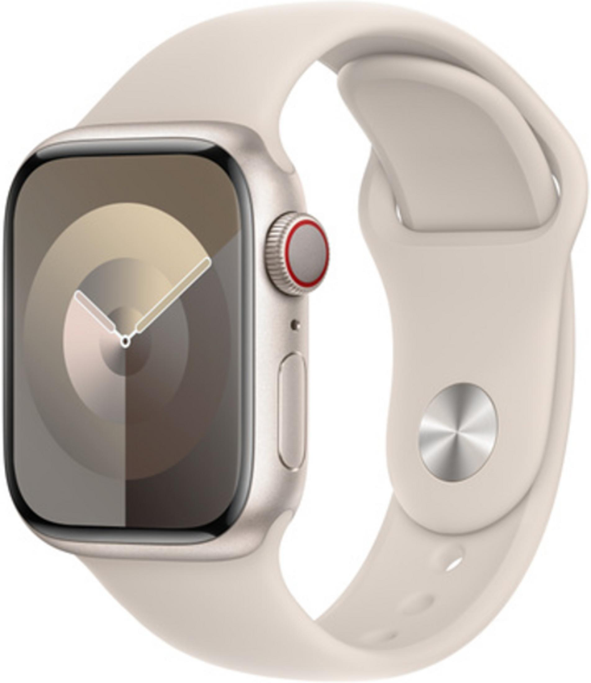 Een zilverkleurig smartwatch met lichtgekleurde band en rond wijzerplaat.