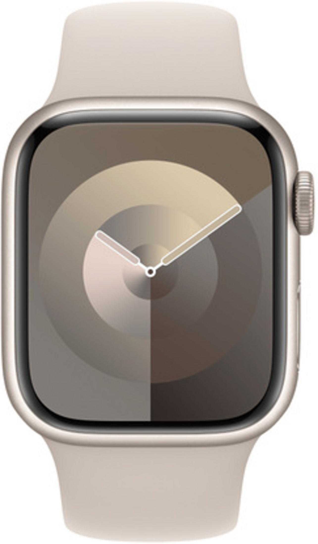 Een lichtgekleurd smartwatch met een rond gezicht en een beige band. Het is 9:05.