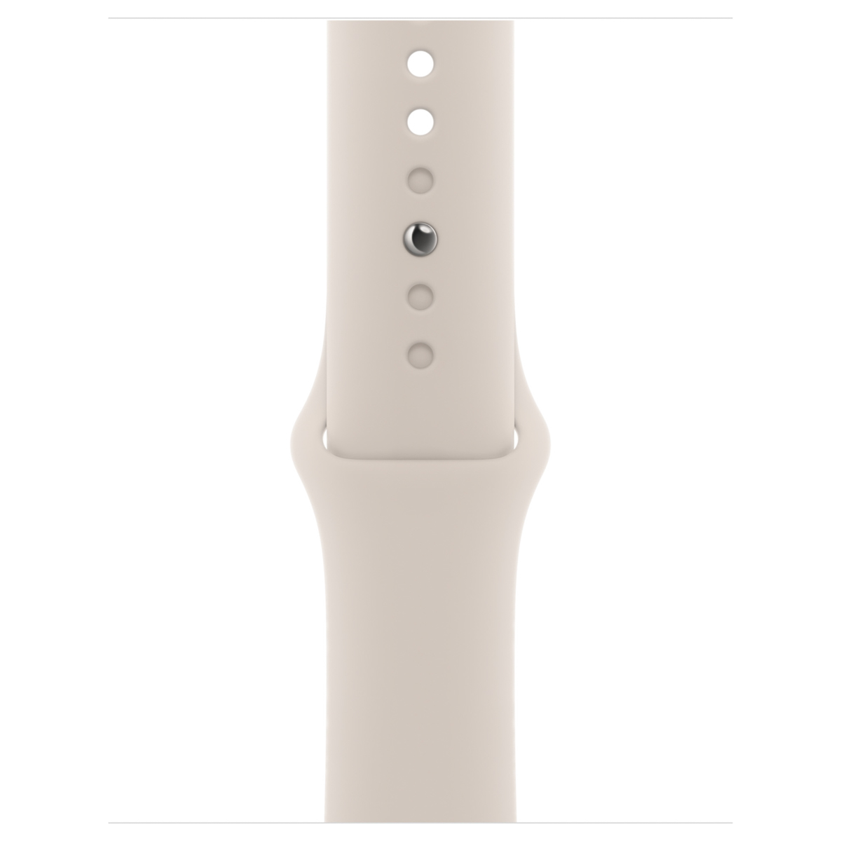 Een lichtbeige horlogeband met een zilveren pin en gaten.
