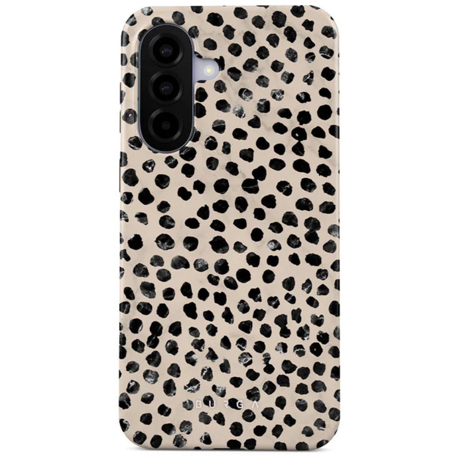 Een mobiele telefoon met een zwart en beige dalmatiër-achtig vlekkenpatroon.