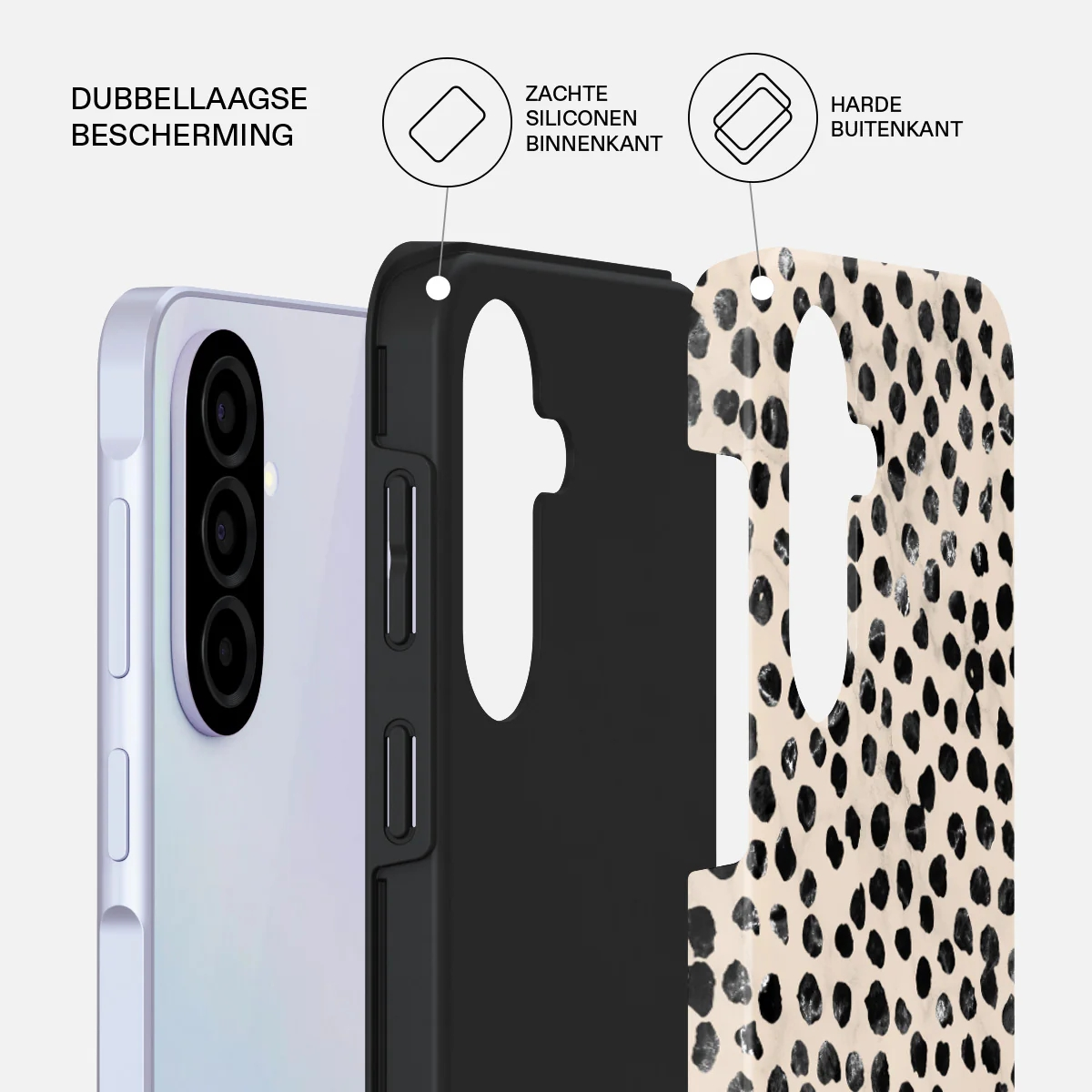 Dubbellaagse telefoonhoes: zwarte binnenlaag, patroon buitenlaag.