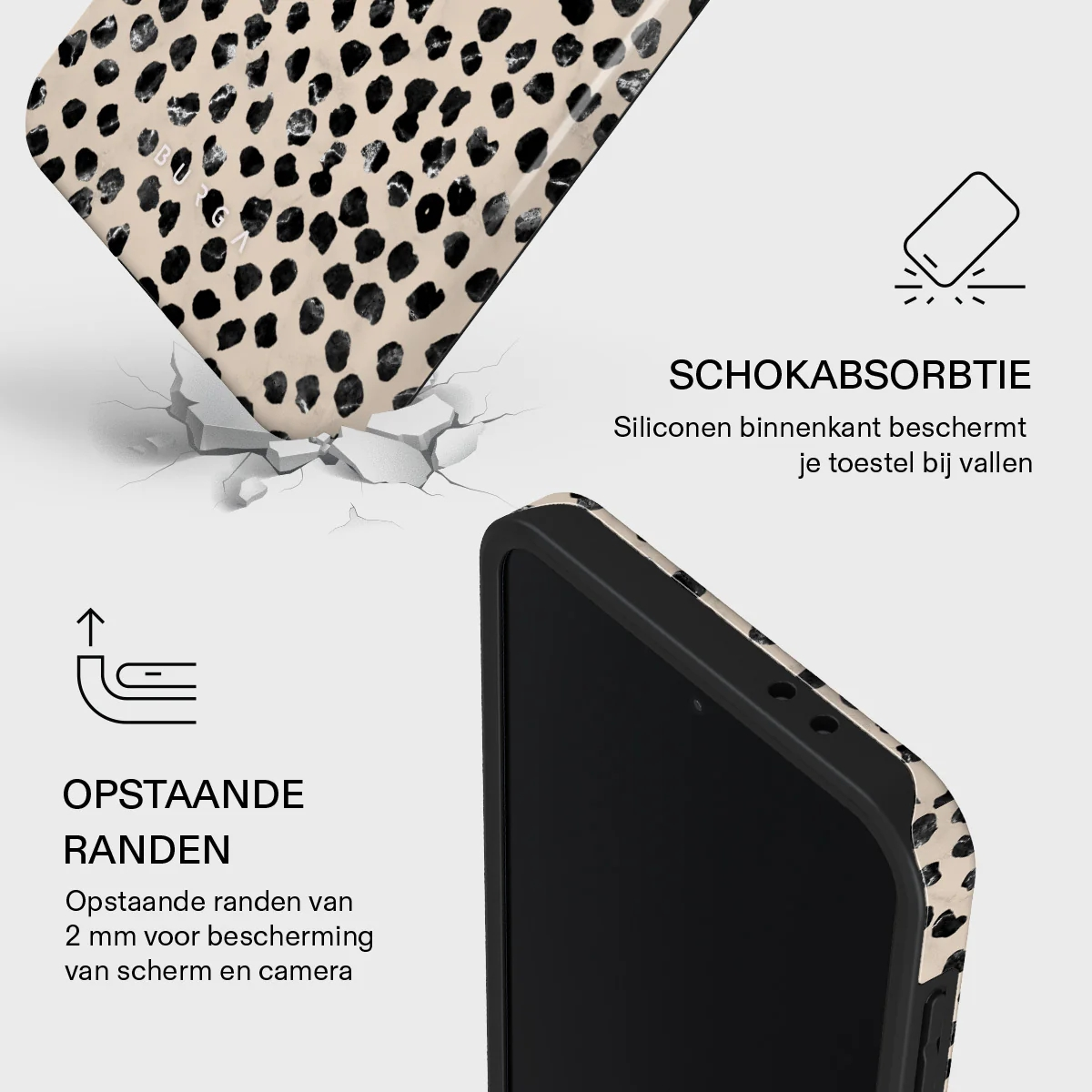 Schokabsorberende hoes met verhoogde randen en siliconen.