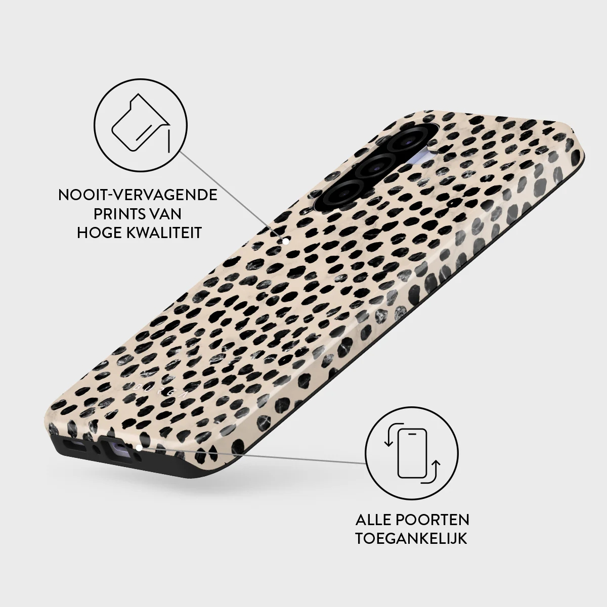 Een telefoonhoesje met een licht beige cheetahprint en cameramodule.