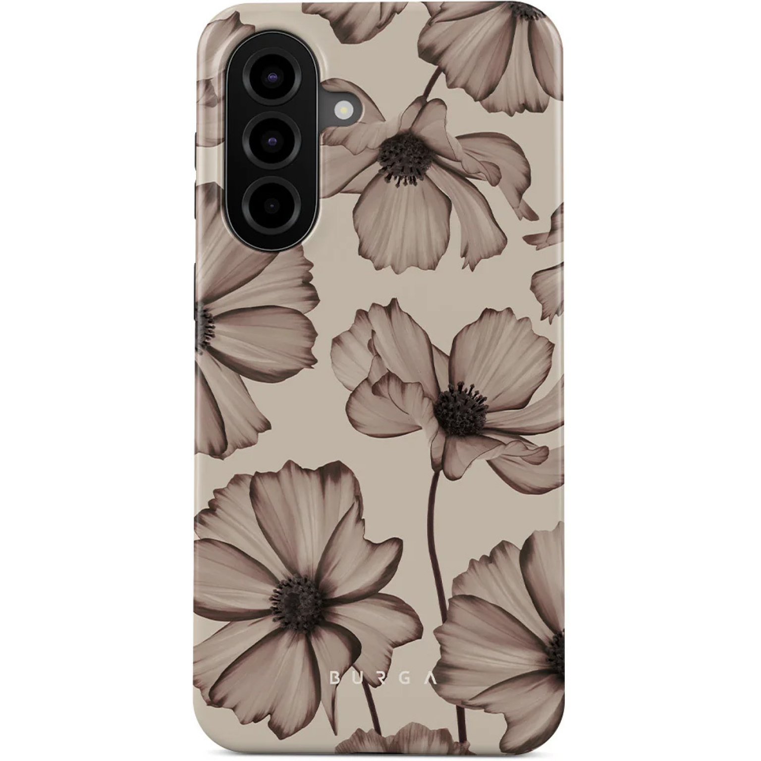 Une coque de téléphone avec un motif floral sépia et un module caméra.