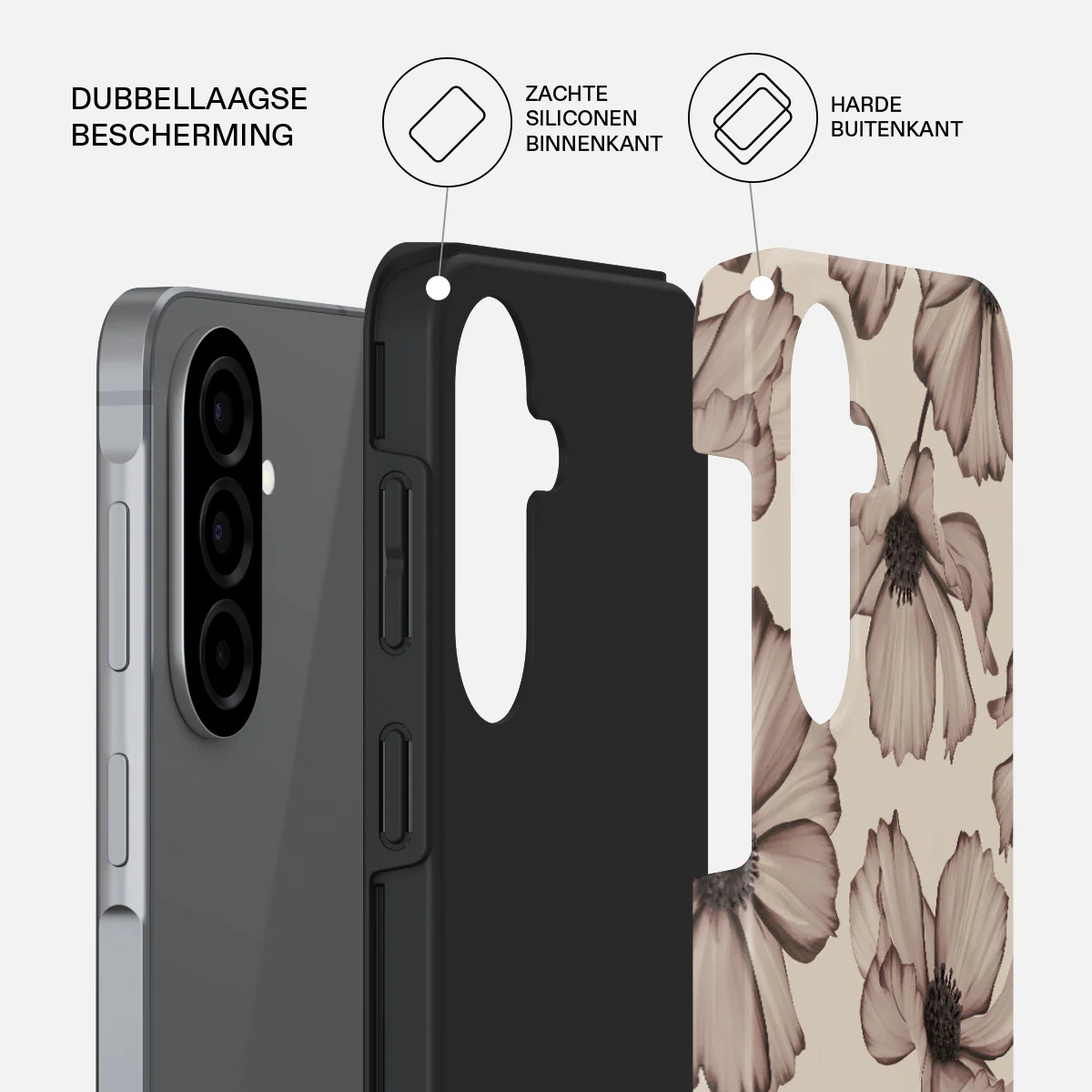 Un smartphone avec une coque florale, montrant deux couches de protection.