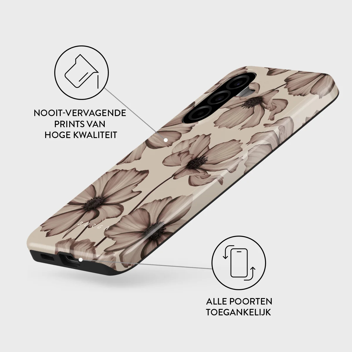 Une coque de téléphone à imprimé floral aux tons neutres recouvre l'arrière d'un smartphone.