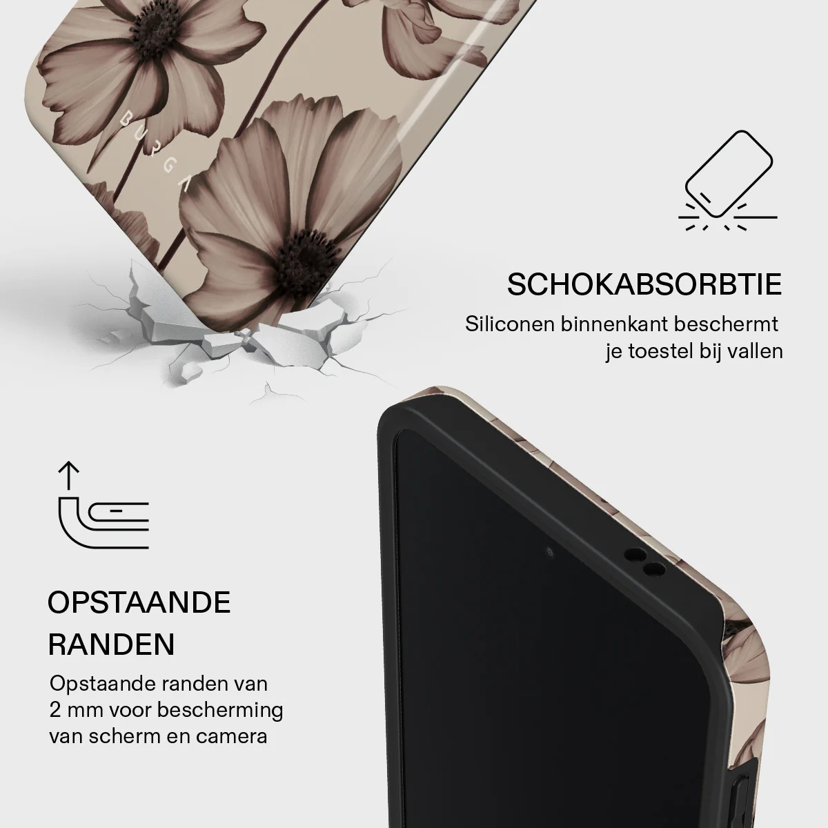Coque de téléphone à motif floral, antichoc et bords surélevés.