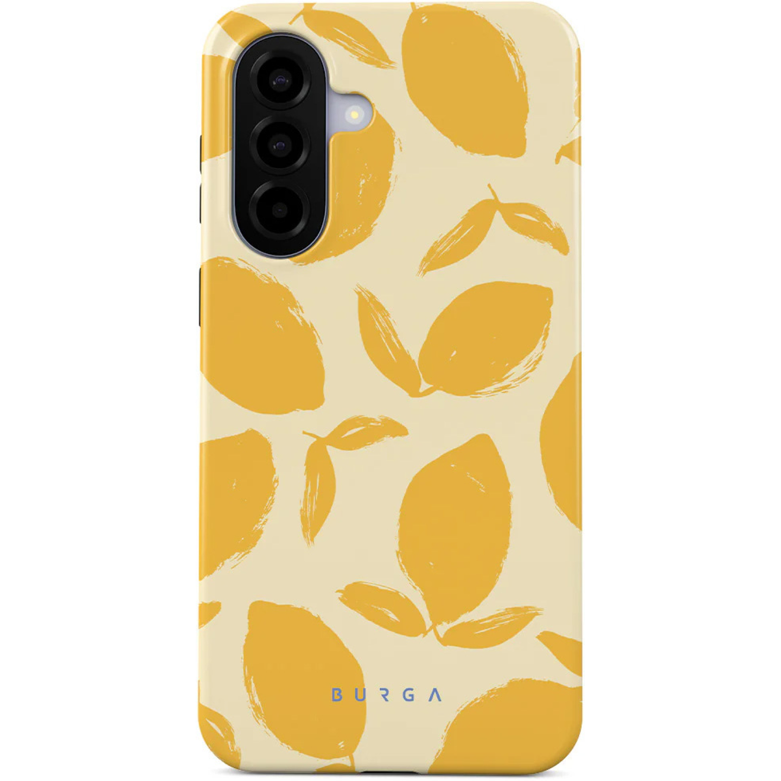 Een telefoonhoesje met gele citroen- en bladpatronen op een crème achtergrond.