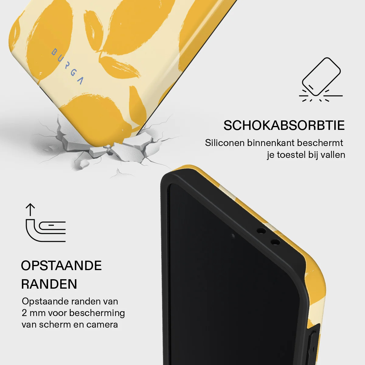Gele telefoonhoes met bladeren valt en breekt grond. Schokabsorptie.