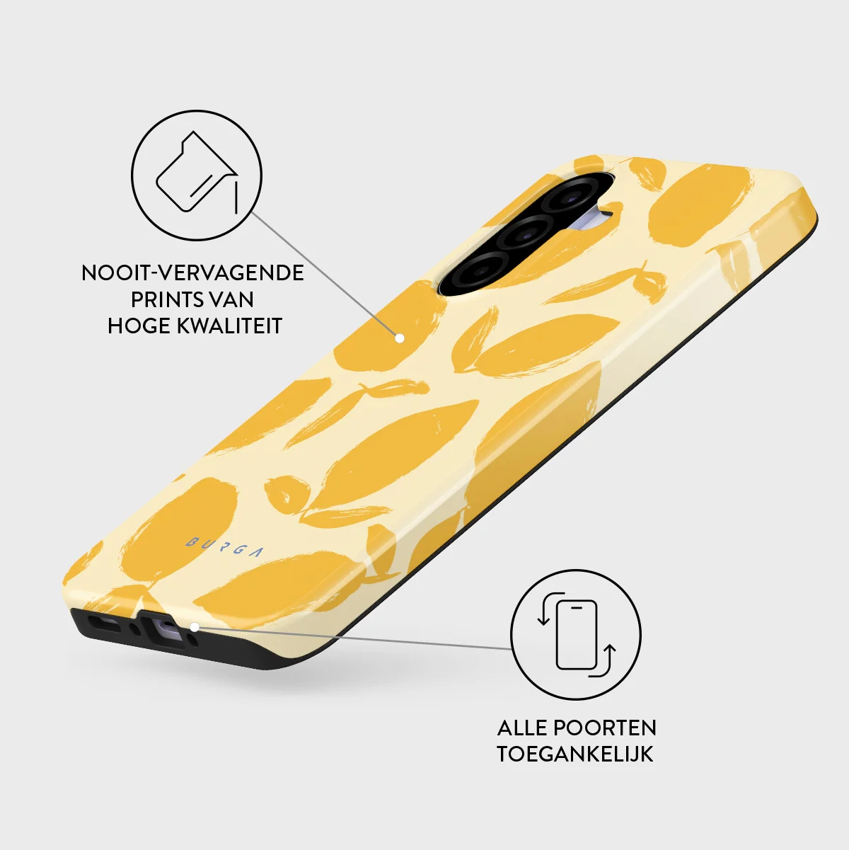 Een gele telefoonhoes met een abstract geel bladerpatroon.