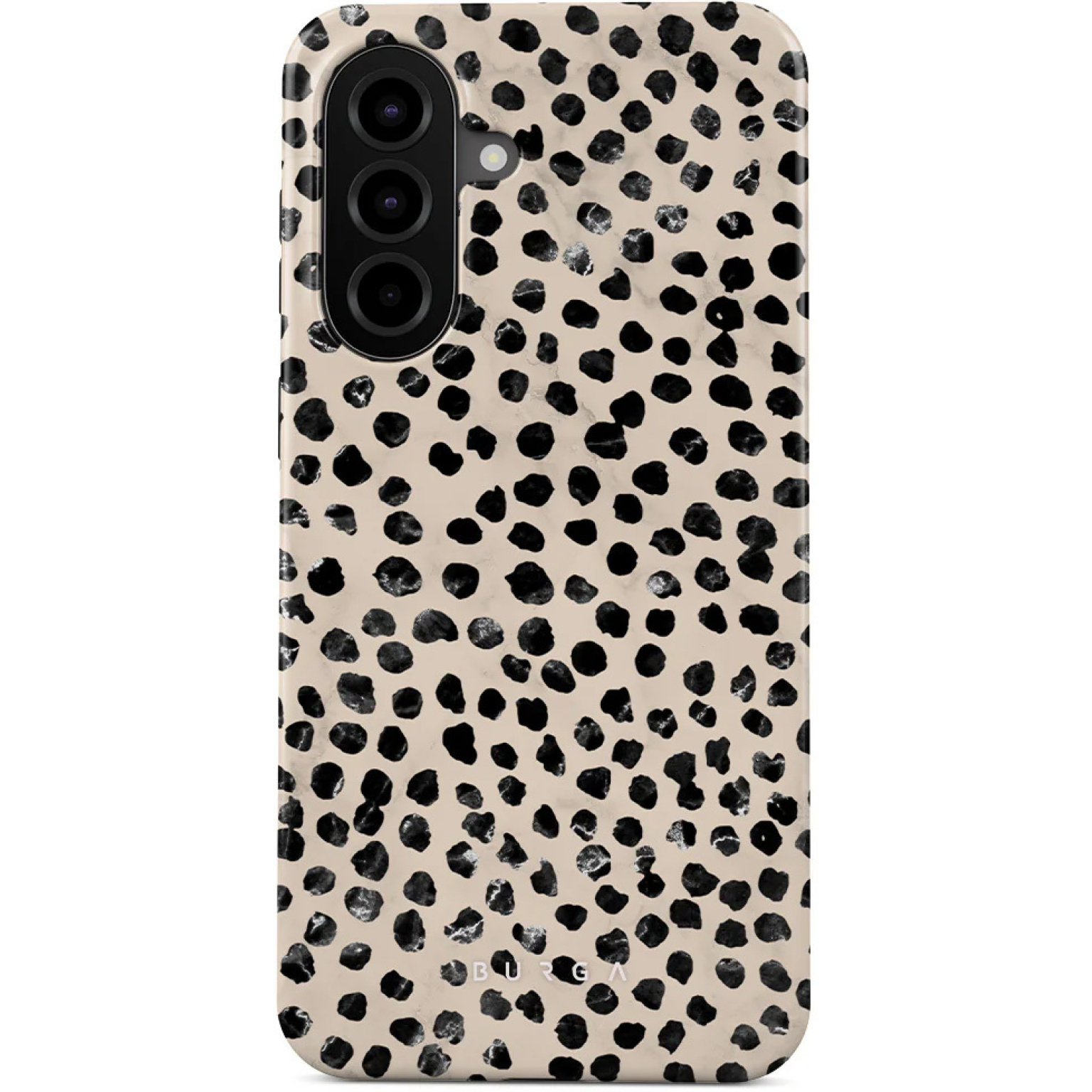 Een telefoonhoesje met een zwart-wit gespikkeld patroon op een beige achtergrond.