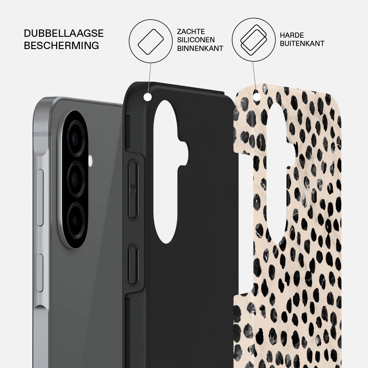 Telefoonhoesje met luipaardprint en zwart inzetstuk. Dubbele bescherming getoond.
