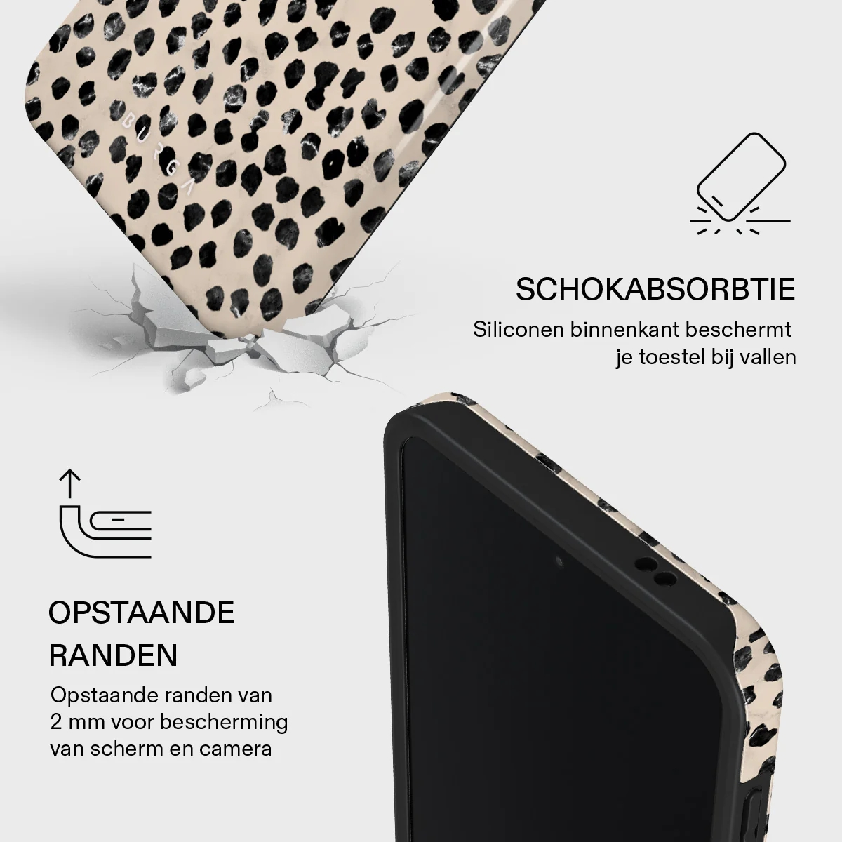 Schokabsorptie en verhoogde randen voor schermbescherming telefoonhoes.
