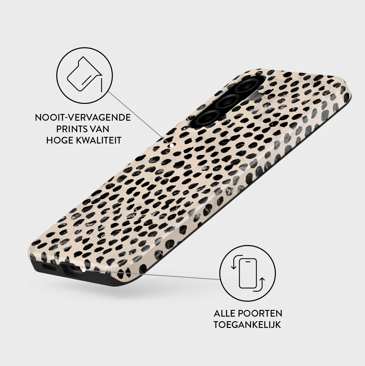 Een telefoonhoesje met zwart spikkeld patroon op lichte achtergrond.