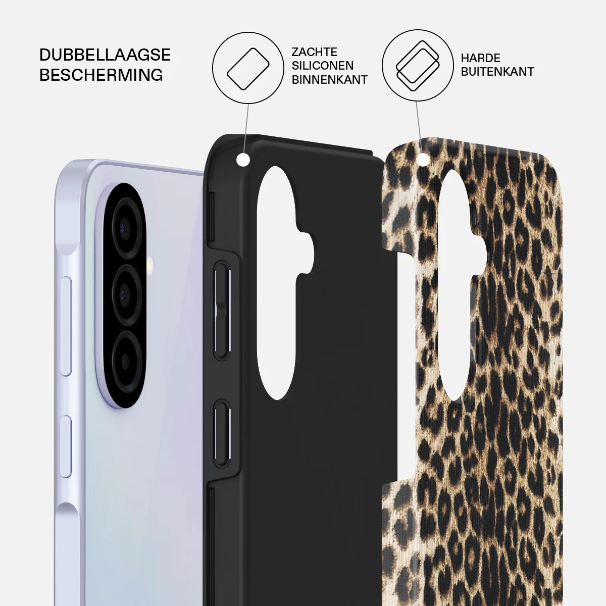 Coque de téléphone en deux parties avec imprimé léopard, silicone noir et téléphone blanc.